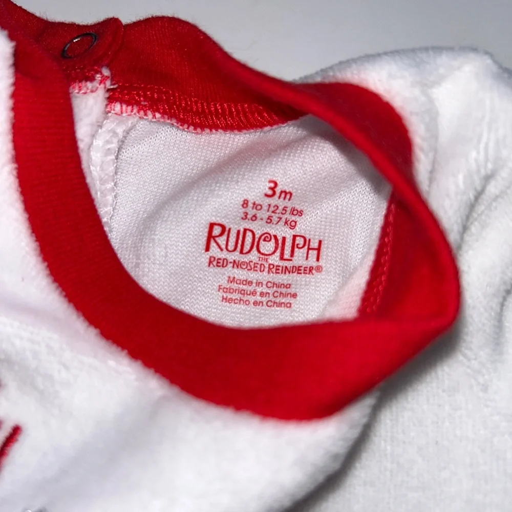 Baby Girl Rudolph 3‎ Month White Velour Christmas Footed Outfit
